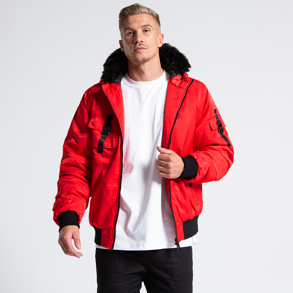Mens red jacket hot sale with fur hood